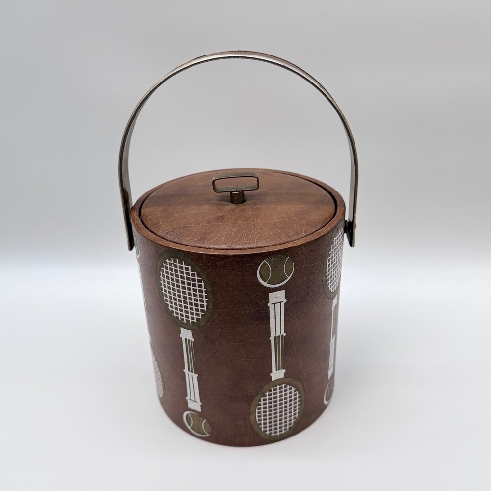 Vintage 1960's George Briard Ice Bucket Brown Tennis Racket Faux Leather Barware
